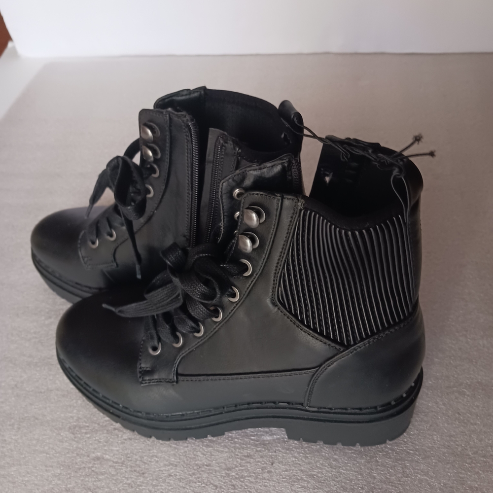 Indigo Black Lace-Up Flat Heel Boots